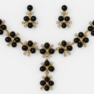 Gold Plated Black Onyx Floral Necklace Set with Matching Earrings for Women