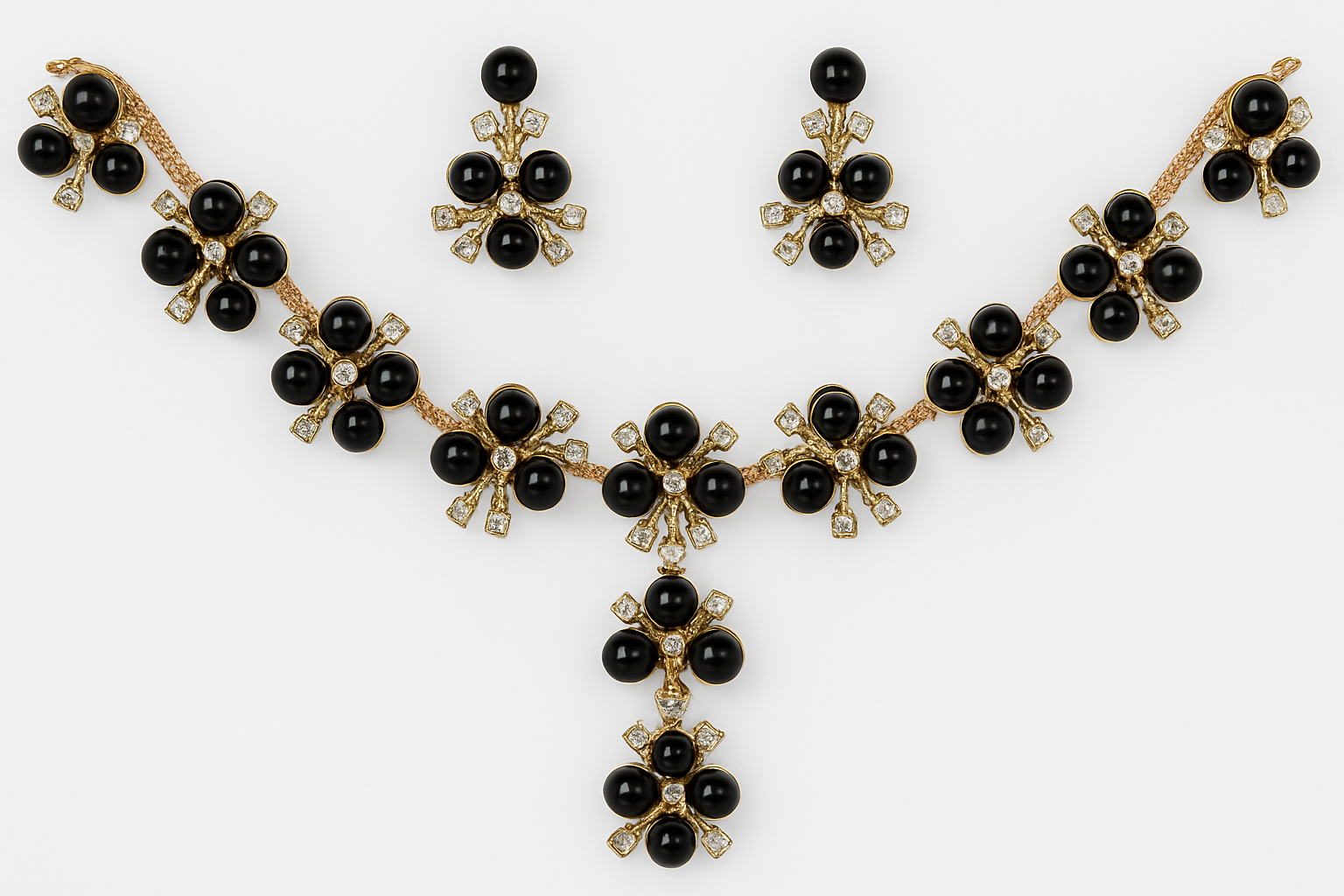 Gold Plated Black Onyx Floral Necklace Set with Matching Earrings for Women Gold Plated Black Onyx Floral Necklace Set with Matching Earrings for Women