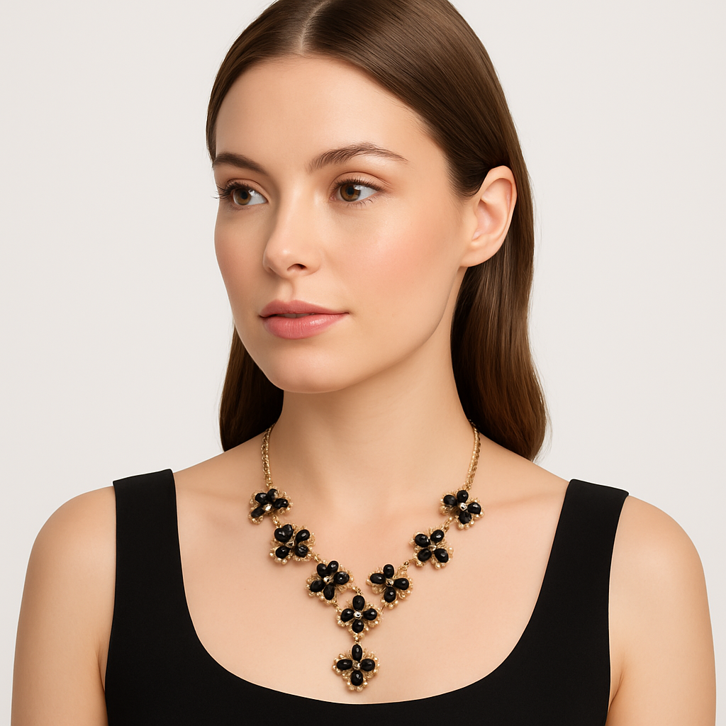 Image 1 Gold Plated Black Onyx Floral Necklace Set with Matching Earrings for Women | Bridal & Partywear Jewelry | Lightweight Trendy Set - Image 3