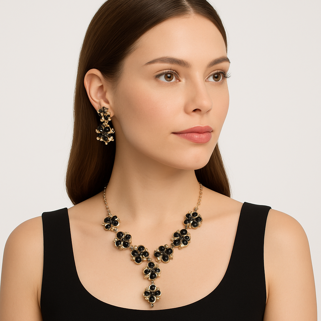 Image 2 Gold Plated Black Onyx Floral Necklace Set with Matching Earrings for Women | Bridal & Partywear Jewelry | Lightweight Trendy Set - Image 2
